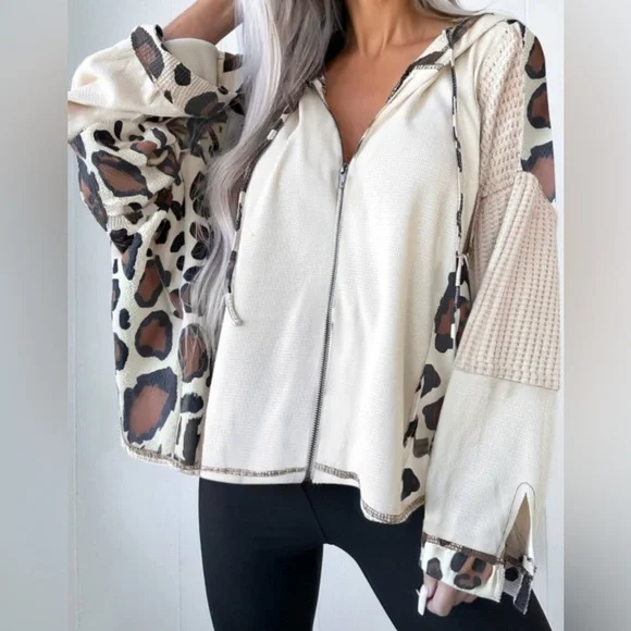 Leopard Print Zip-Up Hoodie - Picture 1 of 10